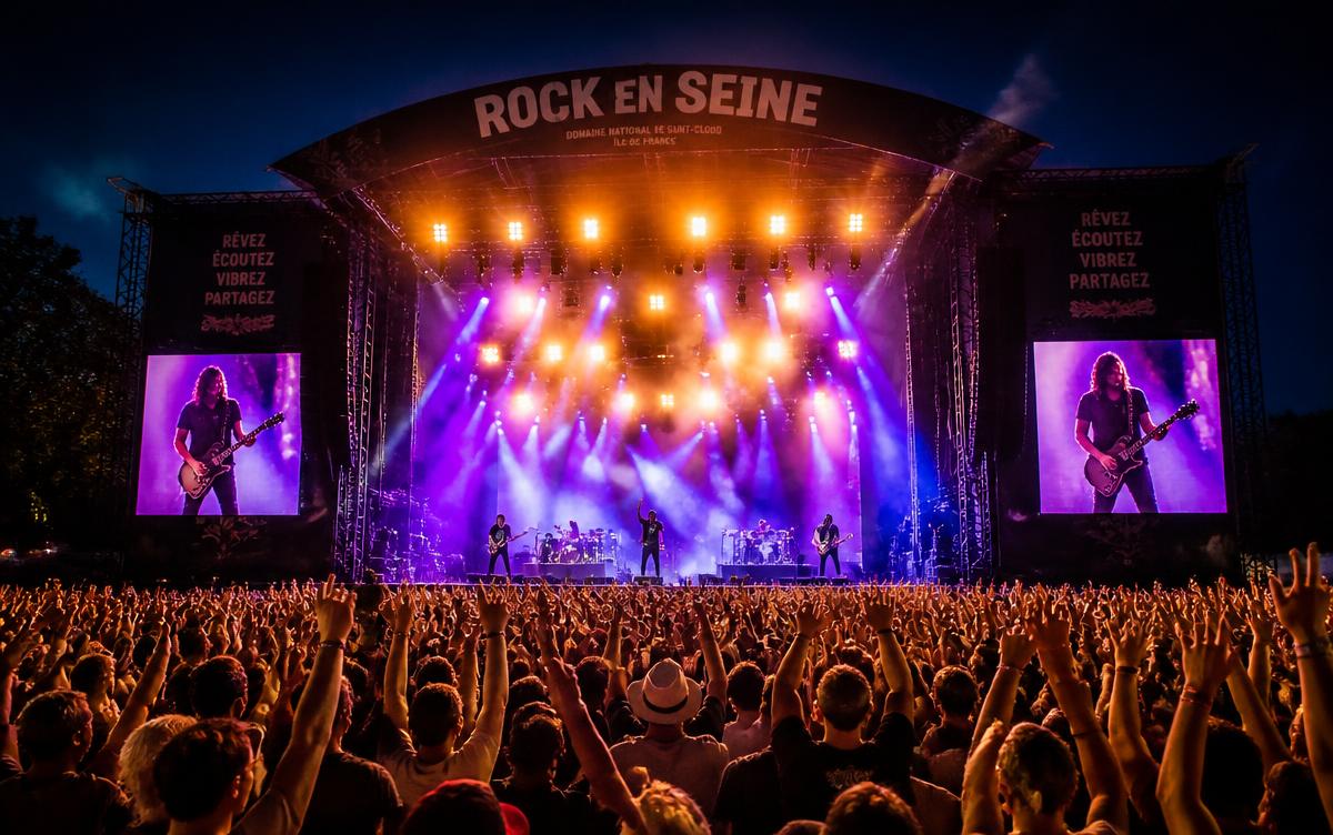 Concert en plein air avec grande scène éclairée et foule