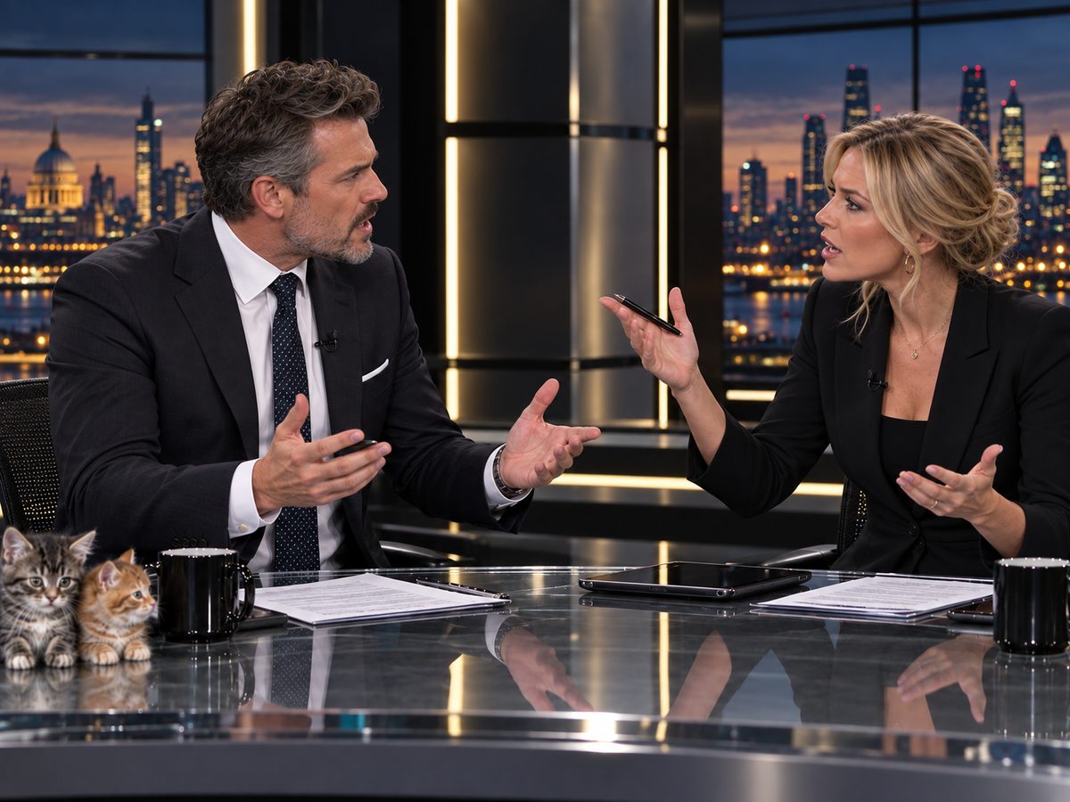 Deux présentateurs de journal télévisé en pleine discussion animée sur un plateau, deux chatons installés sur le bureau au premier plan