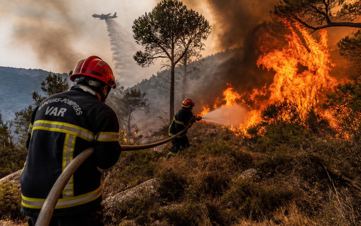 Pompiers luttant contre un feu de forêt dans le sud de la France