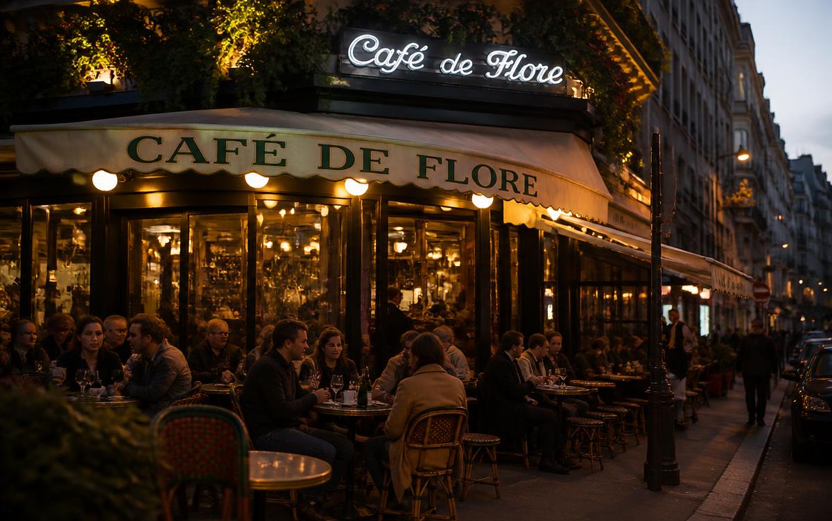 Terrasse de café parisien animée en soirée