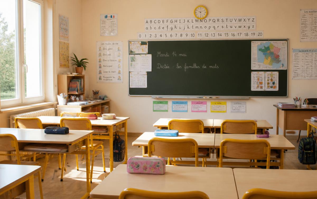 Salle de classe d'école primaire française vide avec tableau noir