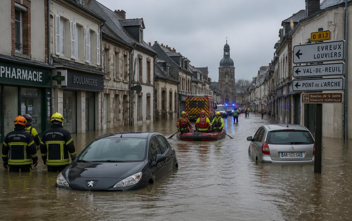 Rue inondée d'une petite ville française avec des secours en canot