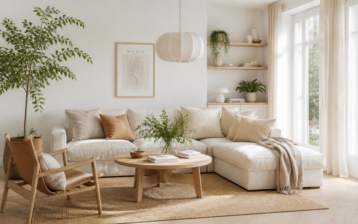 Salon lumineux de style scandinave avec canapé en lin et plantes