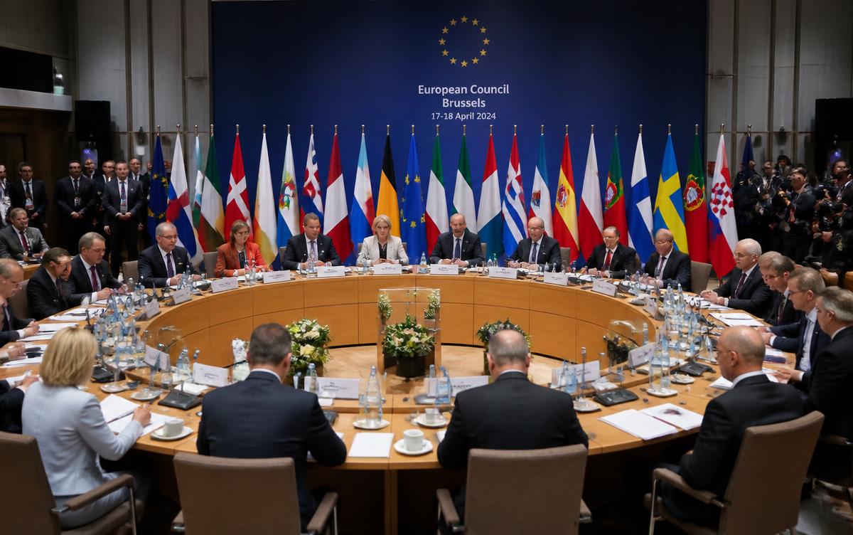 Table ronde d'un sommet européen avec drapeaux des États membres