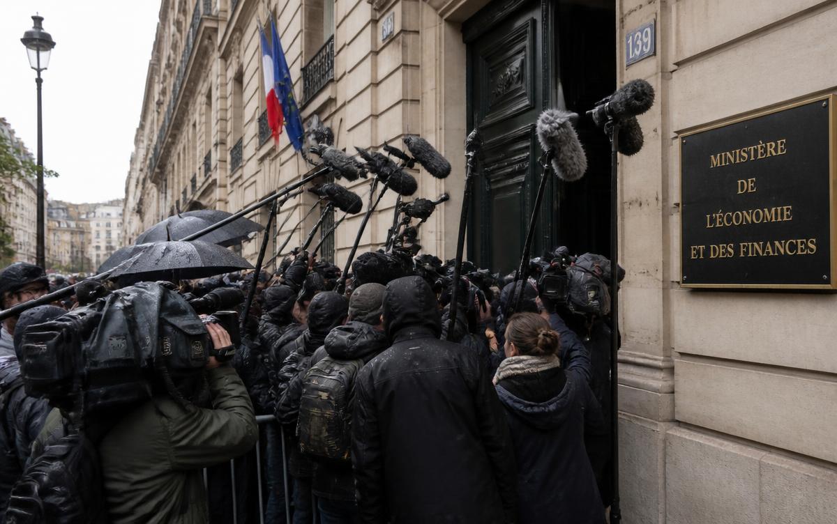 Journalistes et caméras devant l'entrée d'un ministère sous la pluie