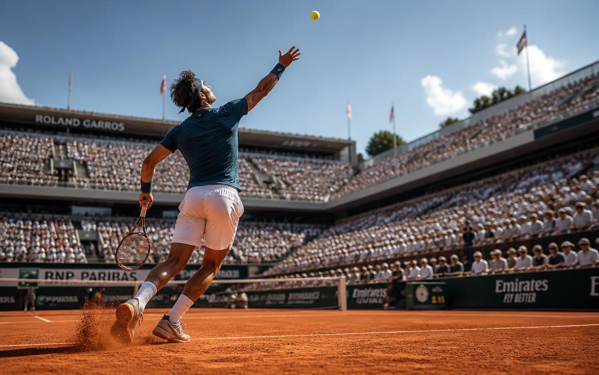 Joueur de tennis au service sur un court en terre battue