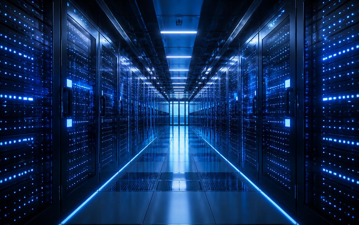 Couloir de data center avec baies de serveurs éclairées en bleu