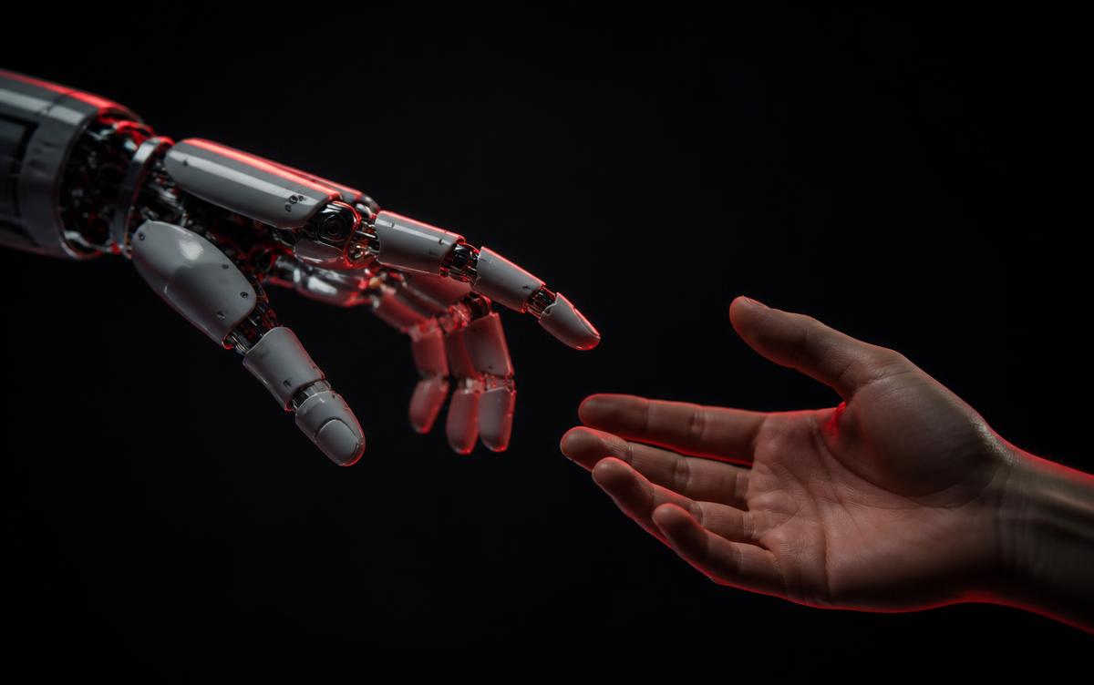 Main robotique tendue vers une main humaine sur fond sombre