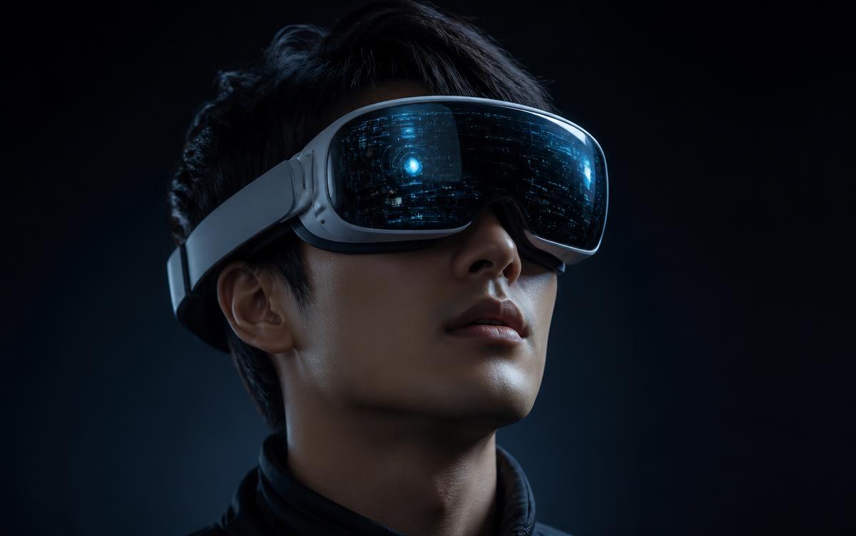 Personne portant un casque de réalité virtuelle, portrait sombre