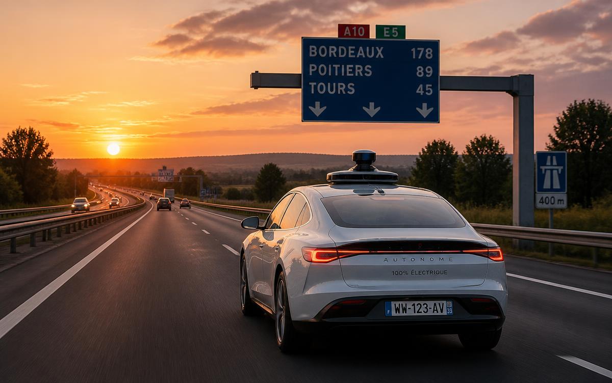 Voiture électrique autonome équipée de capteurs sur une autoroute française